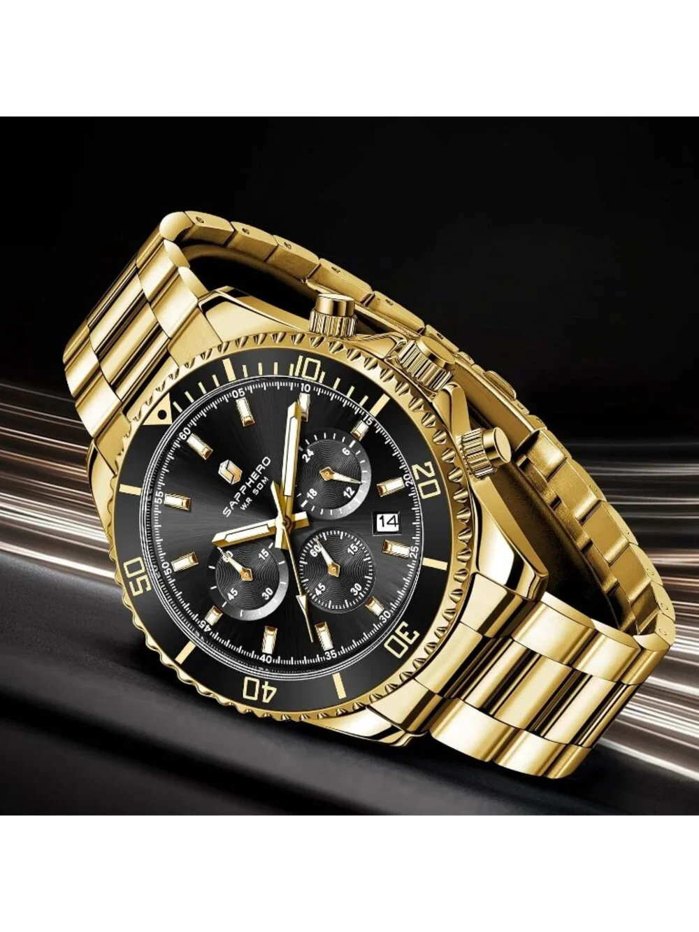 Men's Gold Strap Black Face Chronograph Stainless Steel Waterproof Wrist Watches